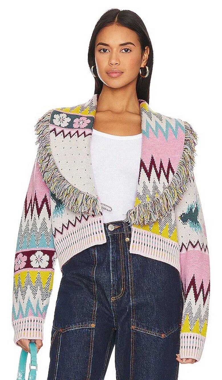 Hayley Menzies Charming Birds Merino Jacquard Fringe Bomber Cardigan Print M